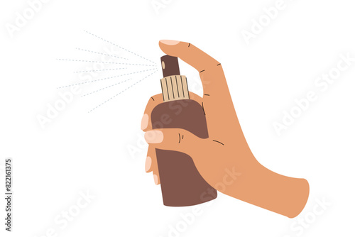 Hand holding and spraying bottle. Skincare spray bottle vector illustration. Cosmetic and sunscreen protection concept. Female hand with aerosol. 