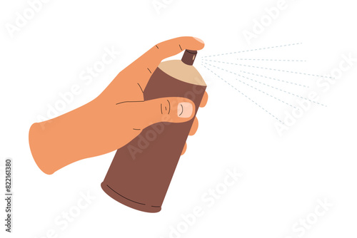 Cartoon man hand with spray. Illustration of a hand holding and spraying a brown aerosol can on a white background. Simple vector design for posters, stickers, and prints.