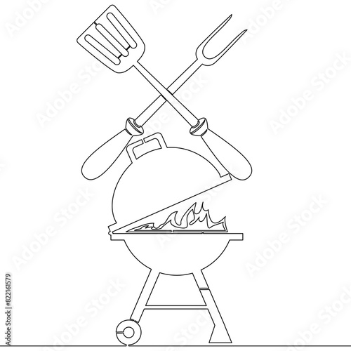 Continuous one single line drawing BBQ and Grill barbecue fork and spatula icon vector illustration concept