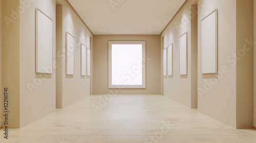 Beige corridor s minimalist elegance highlighted by a large landscape frame.