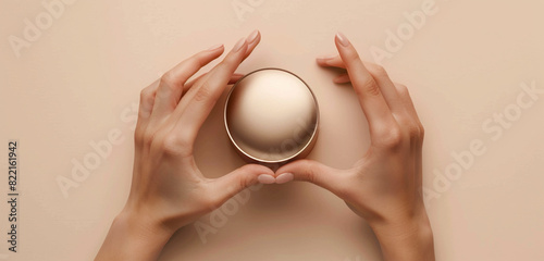 Bronze small cream mockup held by delicate feminine fingers, showcasing exquisite and broad style. photo
