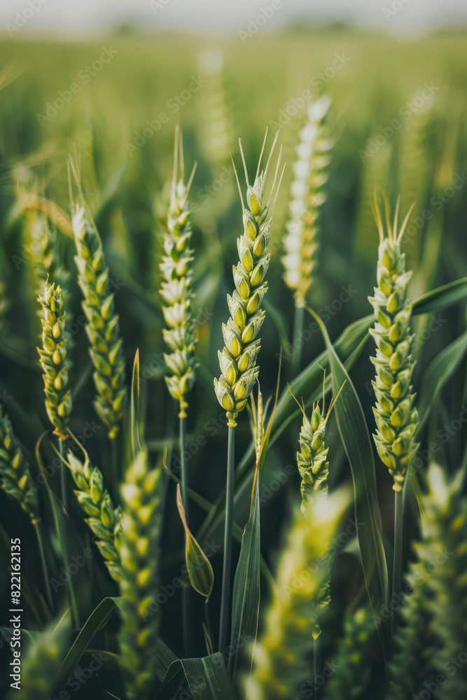 Green Wheat Ears in a Field. Close-up of green wheat ears in a lush field, showcasing early stages of growth. Green Wheat Ears in a Field. Close-up of green wheat ears in a lush field, showcasing early stages of growth.