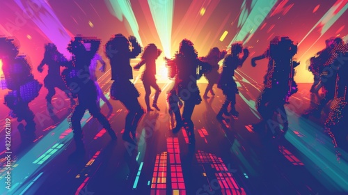 A lively digital dance party featuring silhouetted figures under radiant neon lights and vivid laser beams, creating an energetic, futuristic atmosphere.