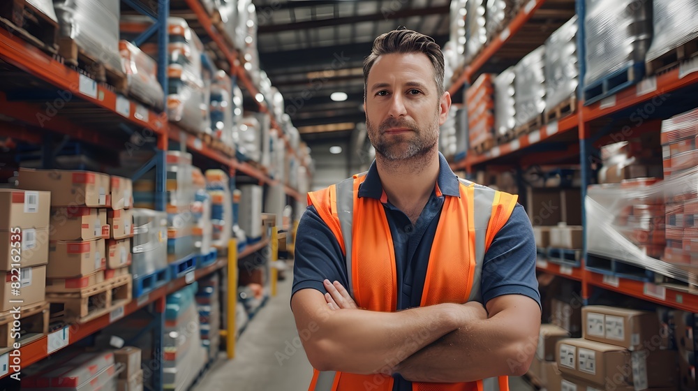 A confident warehouse worker stands in front of shelves filled with goods, arms crossed and looking directly at the camera.
A confident warehouse worker stands in front of shelves filled with goods, arms crossed and looking directly at the camera.