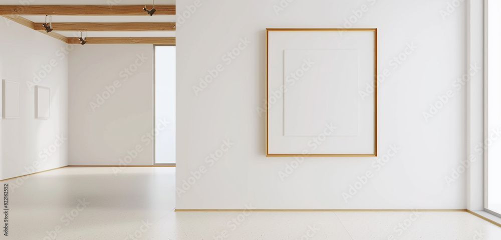 Captivating and surreal floating empty frame in a minimalist art gallery, extended format.