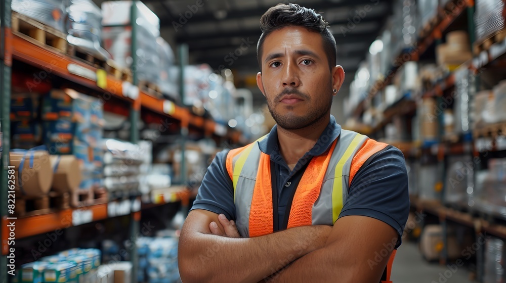 A confident warehouse worker stands in front of shelves filled with goods, arms crossed and looking directly at the camera.
A confident warehouse worker stands in front of shelves filled with goods, arms crossed and looking directly at the camera.