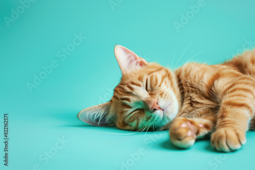 Cute yellow cat sleeping on blue background