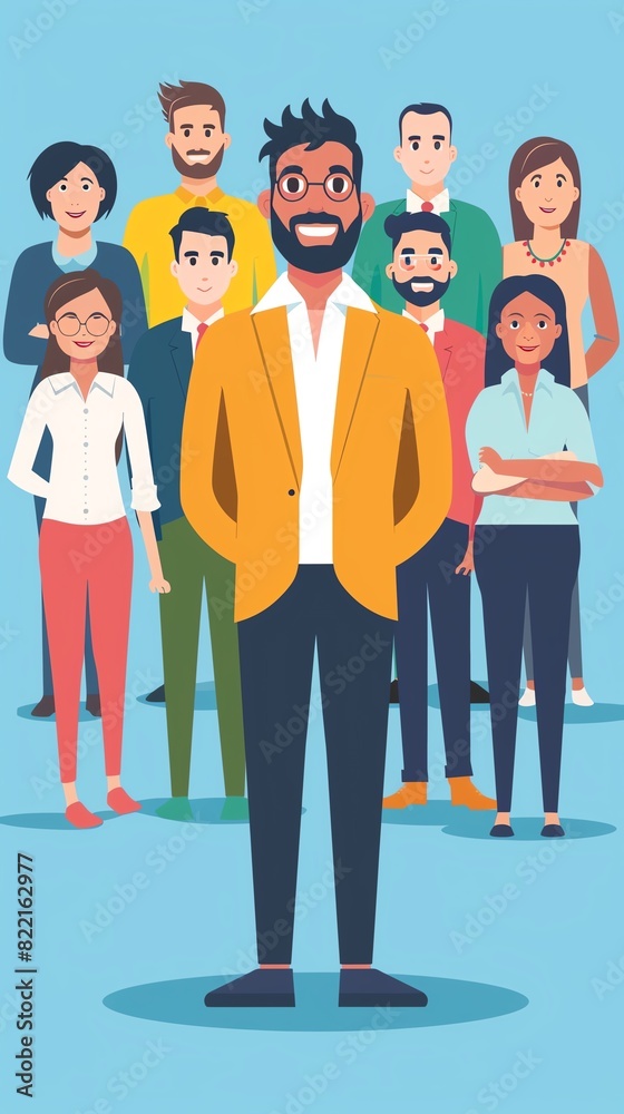 Fototapeta premium Illustration of a diverse group of professionals standing together, showcasing teamwork and leadership in a corporate setting.