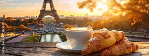 coffee and croissants against the background of the Eiffel Tower. Selective focus