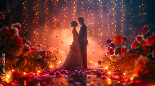 A couple dancing at a wedding, in the middle of a beautifully decorated dance floor with lights and flowers. List of Art Media Photograph inspired by Spring magazine