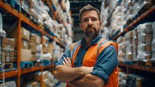 A confident warehouse worker stands in front of shelves filled with goods, arms crossed and looking directly at the camera. 