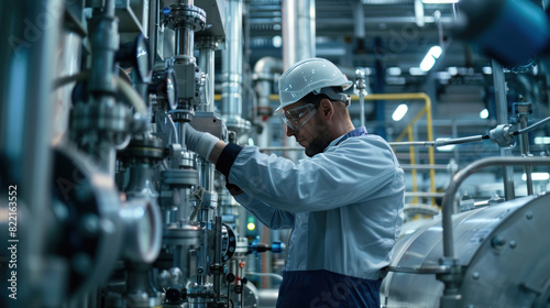 Chemical plant operator in protective clothing, checking equipment and monitoring gauges, highlighting the importance of safety and precision in industrial processes.