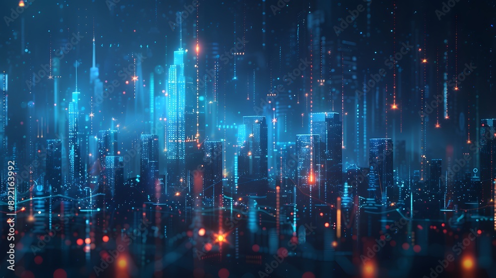 A digital illustration of an abstract city skyline made from glowing data points and bar graphs, set against a dark background with blue highlights for depth.
