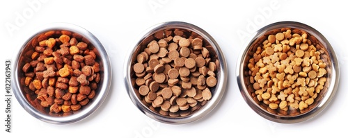 A set of three metal bowls filled with different types of dry pet food, showcasing variety and nutrition for your furry friend