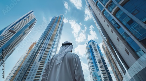 Arab man looking at modern tall building
