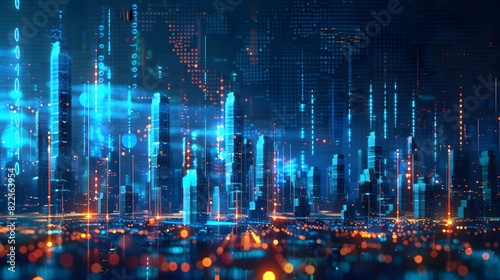 A digital illustration of an abstract city skyline made from glowing data points and bar graphs  set against a dark background with blue highlights for depth. 