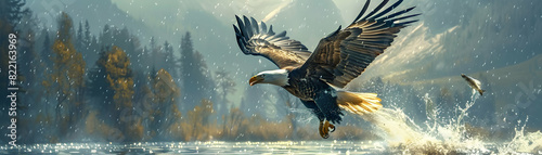 Bald eagle catching fish: Precision and hunting prowess of a bird of prey captured in a photo realistic concept at a lake photo