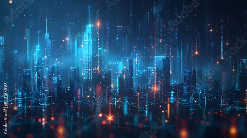 A digital illustration of an abstract city skyline made from glowing data points and bar graphs, set against a dark background with blue highlights for depth. 