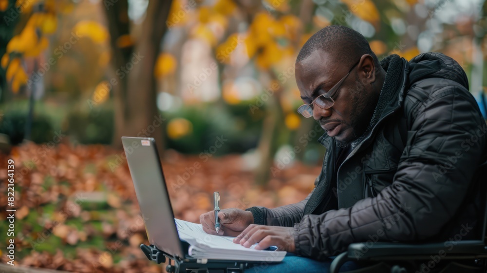 Black man sitting in a wheelchair looking at documents on a laptop. Black man sitting in a wheelchair looking at documents on a laptop.