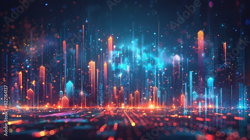 A digital illustration of an abstract city skyline made from glowing data points and bar graphs  set against a dark background with blue highlights for depth. 