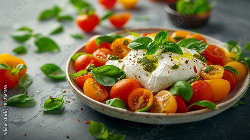 Burrata, Italian fresh cheese made from cream and milk of buffalo or cow. Burrata salad with tomatoes and salad mix. Healthy eating concept. Keto diet salad. Close up.
