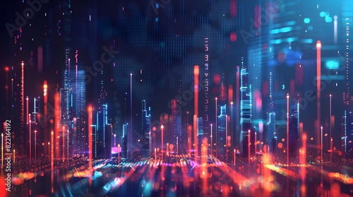 A digital illustration of an abstract city skyline made from glowing data points and bar graphs  set against a dark background with blue highlights for depth. 