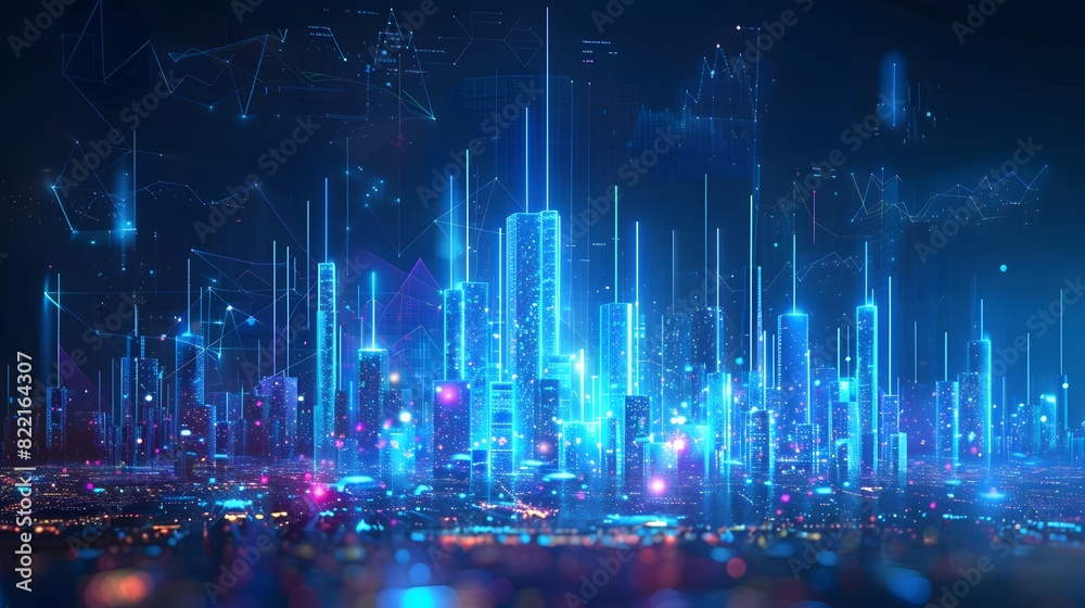A digital illustration of an abstract city skyline made from glowing data points and bar graphs, set against a dark background with blue highlights for depth.
