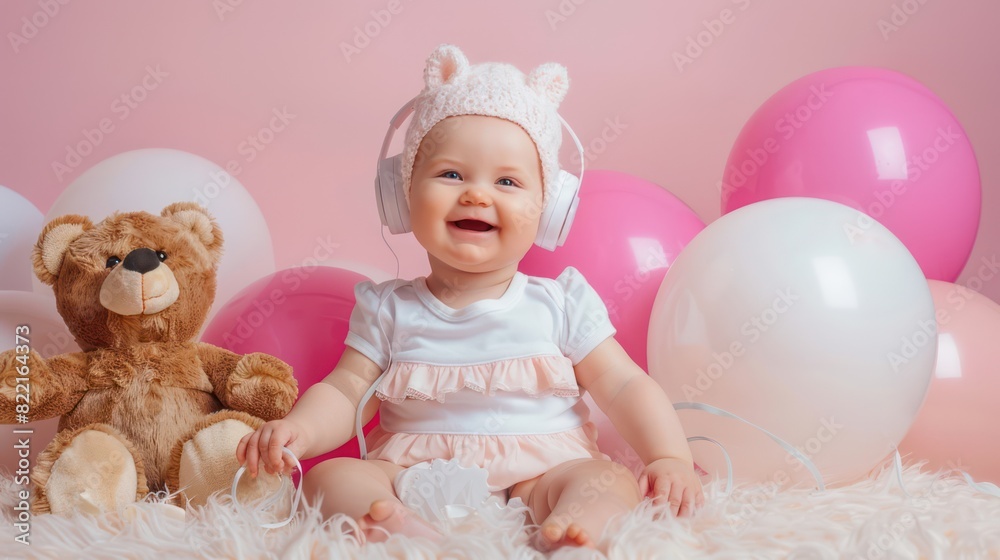 A newborn baby sits laughing and smiling into headphones listening to relaxing music. A newborn baby sits laughing and smiling into headphones listening to relaxing music.