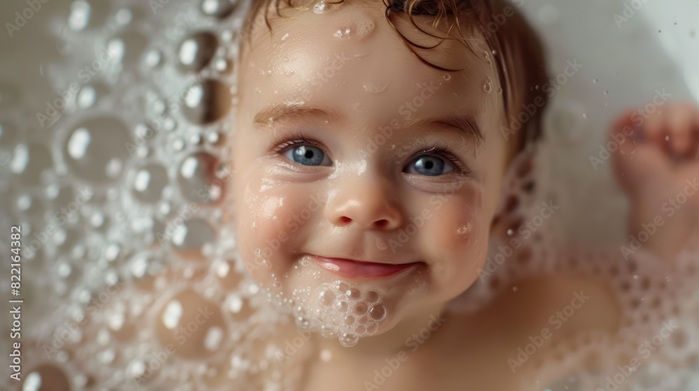 Cute baby smiling, enjoying a bubbly bath generated by Cute baby smiling, enjoying a bubbly bath generated by
