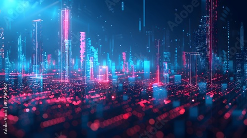 A digital illustration of an abstract city skyline made from glowing data points and bar graphs, set against a dark background with blue highlights for depth. 
