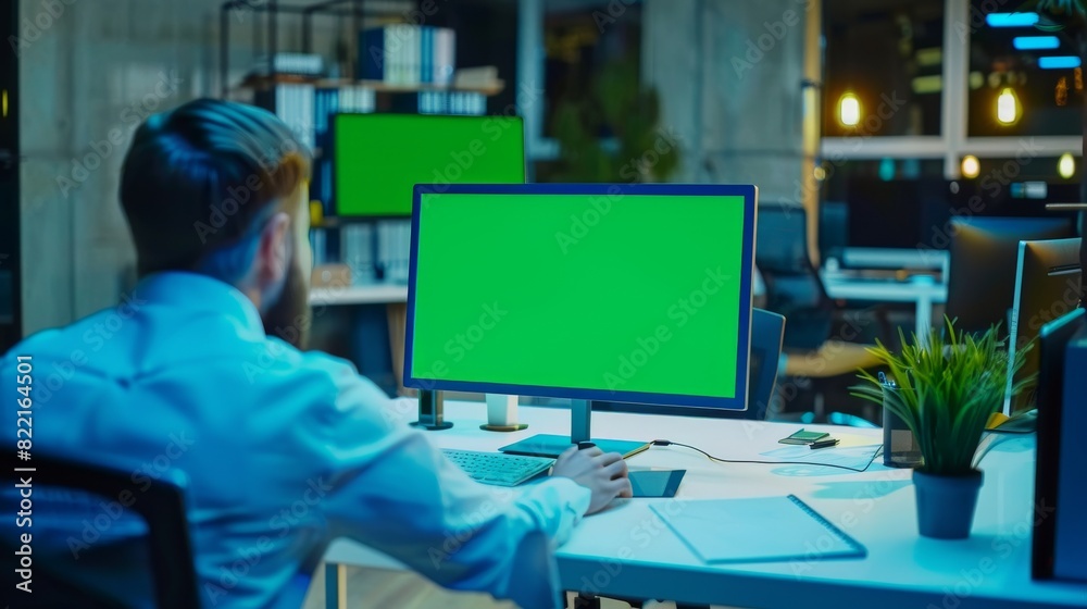 In the creative office environment, two employees discuss project related issues on a desk-mounted computer with a mock-up green screen. In the creative office environment, two employees discuss project related issues on a desk-mounted computer with a mock-up green screen.