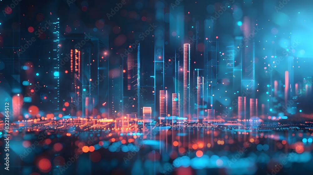 A digital illustration of an abstract city skyline made from glowing data points and bar graphs, set against a dark background with blue highlights for depth.
