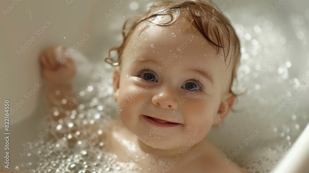 Cute baby smiling, enjoying a bubbly bath generated by Cute baby smiling, enjoying a bubbly bath generated by