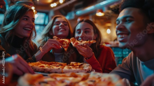 The Bar/ Restaurant is a trendy establishment with a group of young people eating pizza pies. They talk, tell jokes, and have a great time. photo
