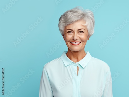 Aqua background Happy european white Woman grandmother realistic person portrait of young beautiful Smiling Woman Isolated on Background 