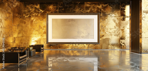 Obraz na płótnie Wide empty frame in a luxurious gallery, set against a metallic gold wall. w salonie