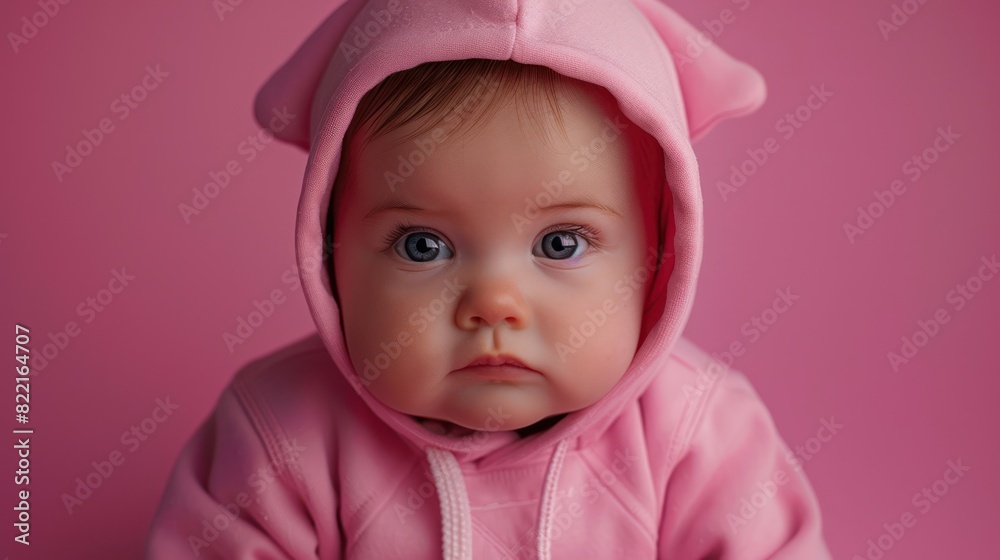 Adorable little child wearing a pink hoodie is looking at the camera while sitting on a pink background. Adorable little child wearing a pink hoodie is looking at the camera while sitting on a pink background.