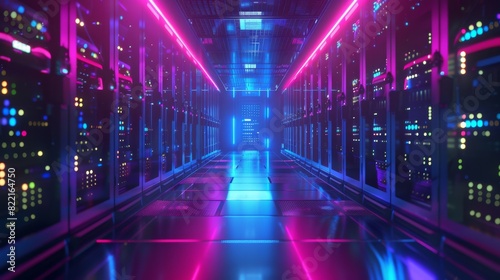 Corridor in working data center with rack servers and supercomputers. Foreground shows different computers illustrative symbols and icons.