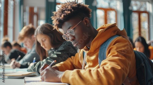 Multiethnic Students in a Classroom Taking Exams and Tests. Focus on Pens and Notebooks. Bright Young People Study at University.