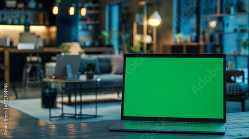Laptop on a table with an image of a green mock-up screen. In the background, creative young people are working in an office.