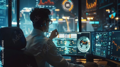 A successful trader in the near future will use a computer with a transparent display showing interactive line charts and other useful economic statistics. His office will be bright and modern. photo