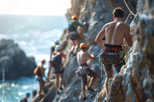 a group of friends rock climbing on an outdoor cliff  experiencing the thrill of adventure and conquering new heights