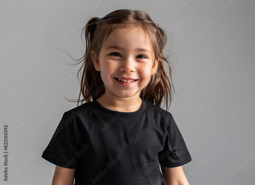 a little young girl in a mockup black T-shirt standing and smiling a little young girl in a mockup black T-shirt standing and smiling