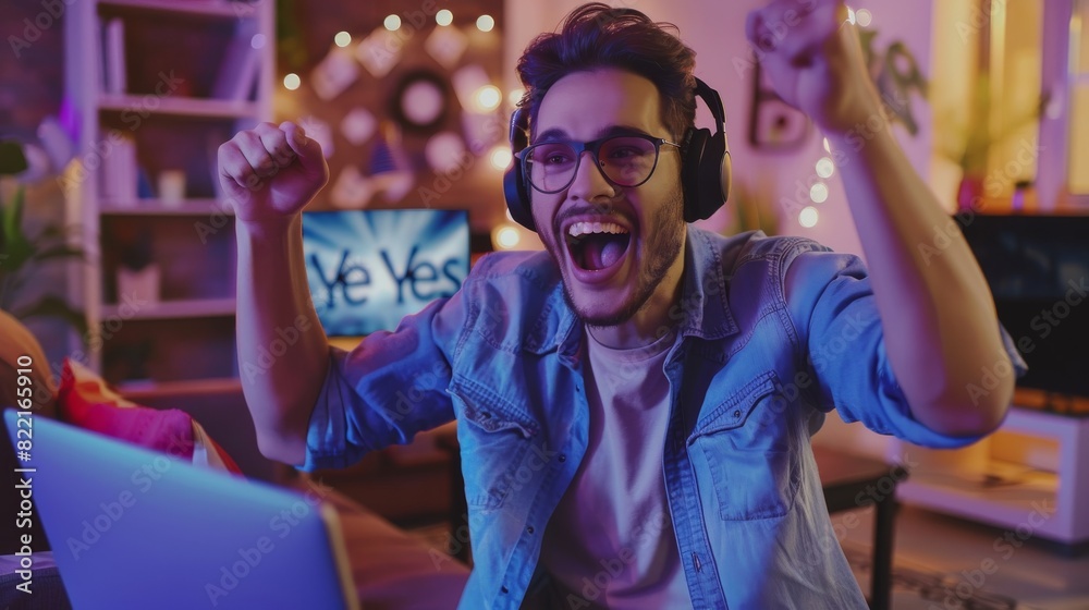 In the background is a cozy living room as an excite young man uses his laptop at home, wins big, and is celebrating his victory emotionally. In the background is a cozy living room as an excite young man uses his laptop at home, wins big, and is celebrating his victory emotionally.