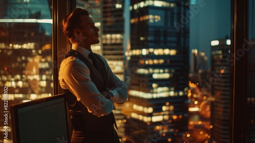 Stylish Modern Business Office with Personal Computer and Big City View with Confident Businessman in Suit leaning on Window and Looking Out Considerately. Shot of Confident Businessman Leaning on