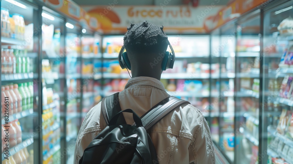 Black man with headphones walked through the frozen goods section of a store. Back view shot follows.