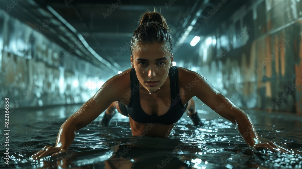 She is doing an evening workout under a bridge in an evening wet urban environment, wearing black athletic shorts and a black athletic top.