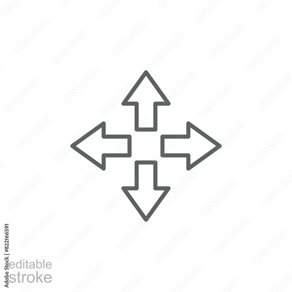 Four arrows icon. Simple outline style. Arrow, direction, square, road, traffic, option, pathway, way concept. Thin line symbol. Vector illustration isolated. Editable stroke. Four arrows icon. Simple outline style. Arrow, direction, square, road, traffic, option, pathway, way concept. Thin line symbol. Vector illustration isolated. Editable stroke.