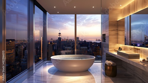 A large bathroom with floortoceiling windows  showcasing the city skyline at dusk. The room is elegantly designed and features an elegant bathtub in front of the window. 