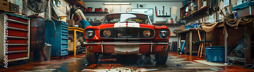 Passion and Patience: Man restoring classic car in garage, emphasizing skill and devotion required for engaging hobby   Car restoration concept photo